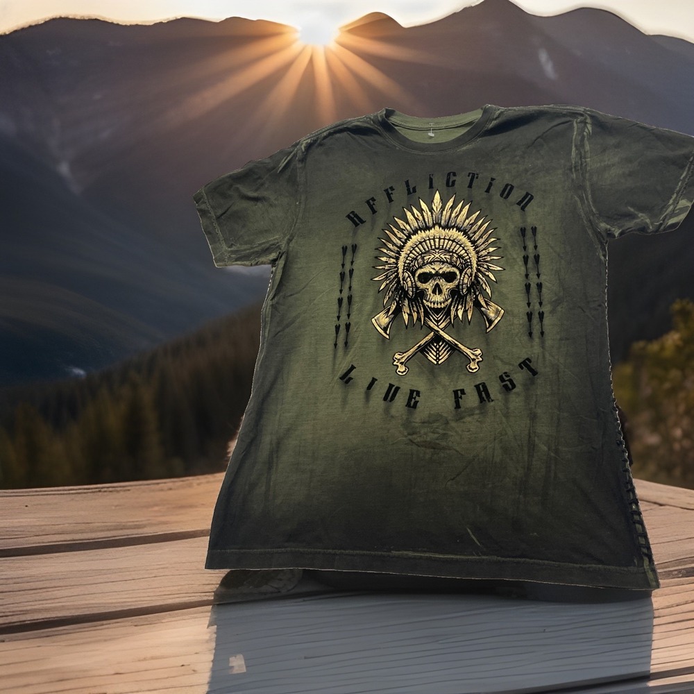 Affliction Green Shirt XL Live Fast Skull & Feather Headdress Gold, Black Velour